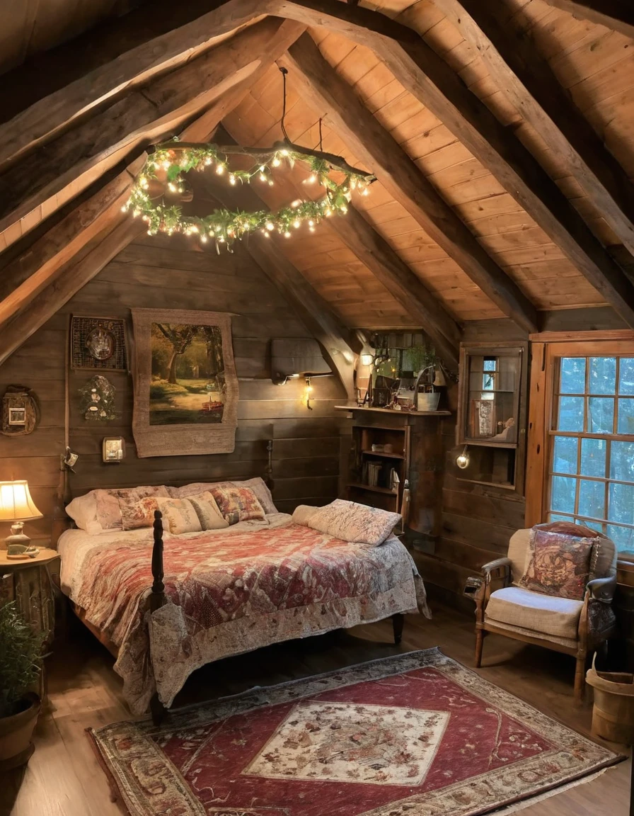 bedroom with a bed and a rug in a small room, cozy room, cozy treehouse bedroom, small bedroom, cozy place, cozy bed, cottagecore hippie, thomas kinkade. cute cozy room, in an attic, cottagecore, cozy and peaceful atmosphere, pleasant cozy atmosphere, cottagecore!!, cabin in the woods