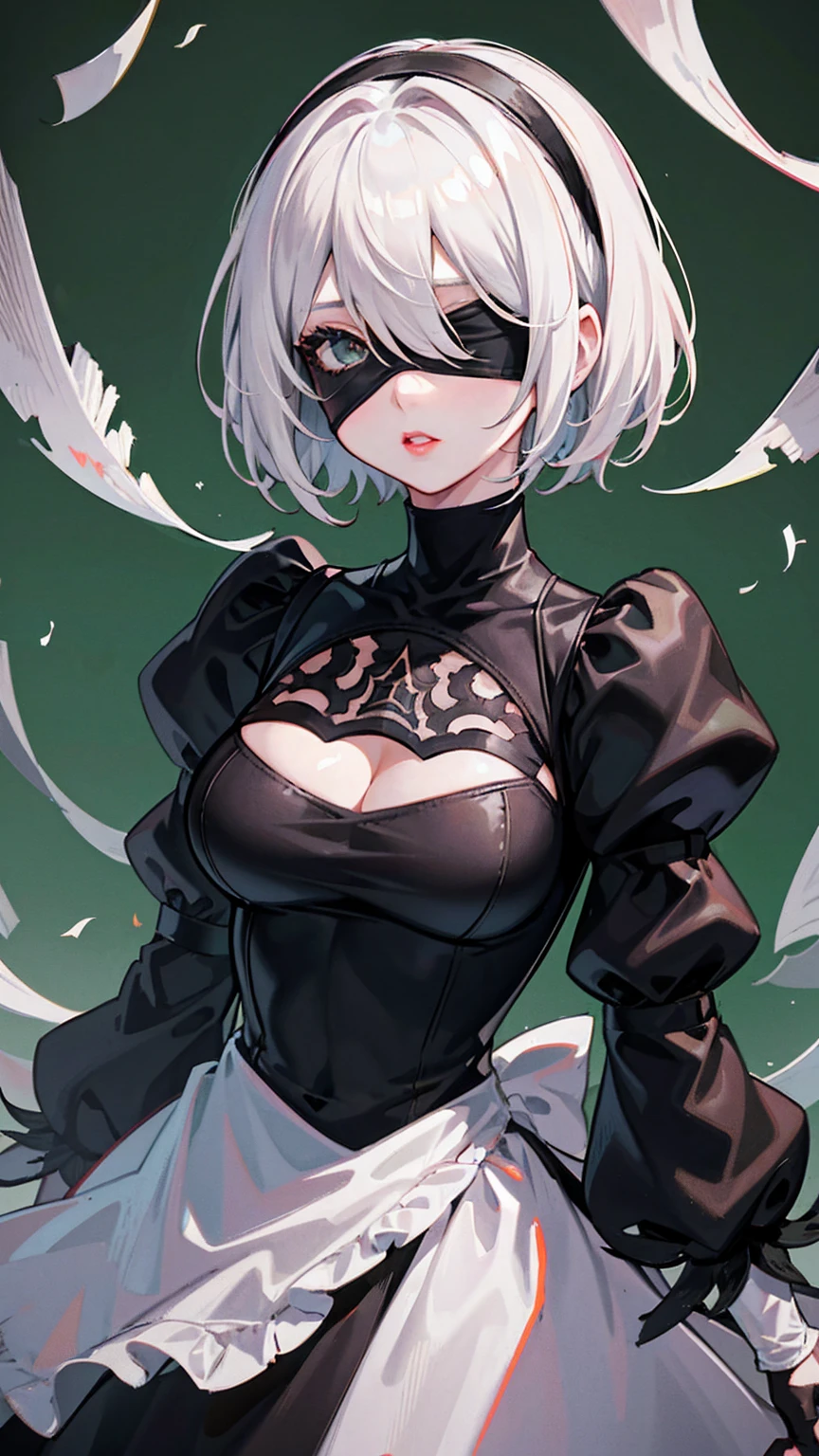 Yorha No. 2 Type B, 1girl in, Blindfold, breasts, cleavage, cleavage cutout, Clothes Cutout, Green background, hair between eye, shairband, hight resolution, juliet sleeves, Long sleeves, Puffy sleeves, Red lips, Shaded face, Short hair, Solo, turtle neck, Upper body, White hair, Background forest　ruins　knifes