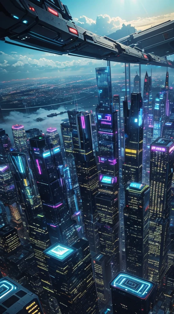 An ultra-high picture quality、top-quality、City of the Future、cyberpunked、vibrant light、Skyscrapers、In the clouds、View of the universe、SF World、