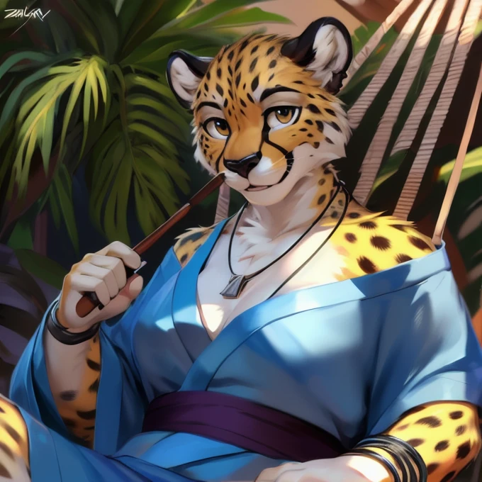 dynamic lighting, beautiful lighting, masterpiece, by zackary911, chunie, detailed eyes, anthro, attractive, solo, looking at camera, warm smile, motherly eyes, inviting, ((5 fingers)), blue kimono, godrays, 8k, the highest quality, the highest detail, digital painting, ((brush strokes)), (sketch lines), painterly style, painterly, digital art, Female cheetah, fat, hammock, tropical setting, kimono, silver earrings, silver bracelets, silver rings, silver necklaces