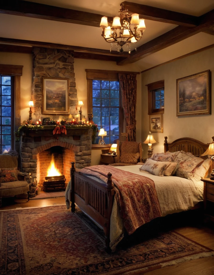 arafed bedroom with a fireplace and a bed with a blanket, thomas kinkade. cute cozy room, cozy and calm, cozy setting, very cozy, cozy wallpaper, cozy room, cozy place, cozy and peaceful atmosphere, cosy enchanted scene, cozy candlelight, cozy environment, cozy bed, soothing and cozy landscape, cozy atmosphere, cosy fireplace