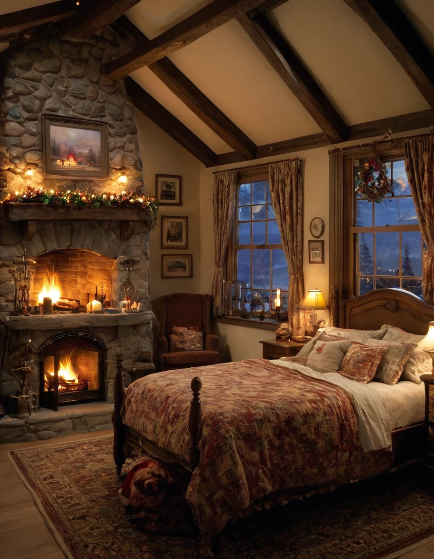 arafed bedroom with a fireplace and a bed with a blanket, thomas kinkade. cute cozy room, cozy and calm, cozy setting, very cozy, cozy wallpaper, cozy room, cozy place, cozy and peaceful atmosphere, cosy enchanted scene, cozy candlelight, cozy environment, cozy bed, soothing and cozy landscape, cozy atmosphere, cosy fireplace