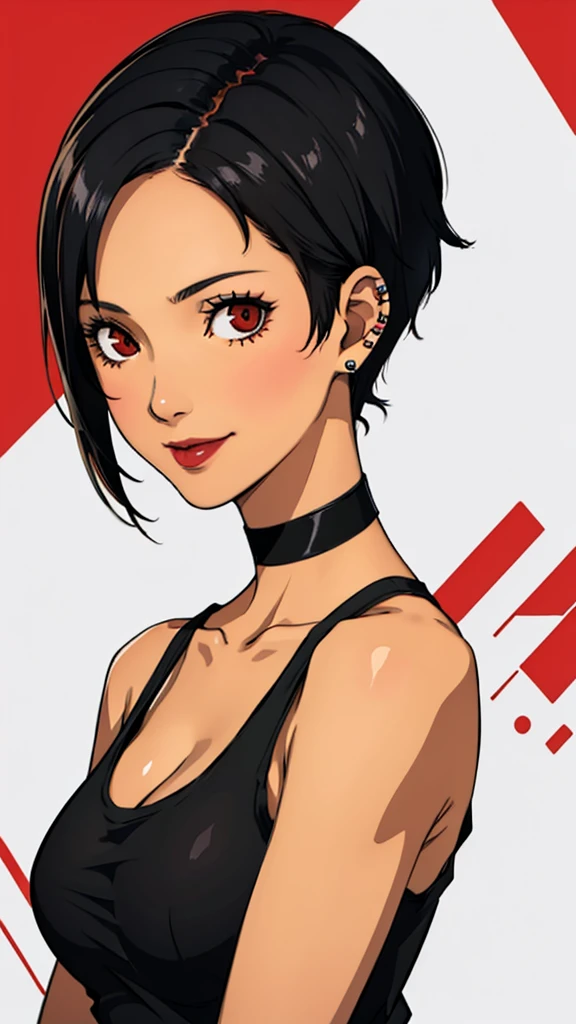 1 girl, milf, Red eyes, very short hair, black choker, lipstick, smile, black hair, tank top, medium breast, portrait, face portrait, wheatskin, tank top, shaved hair, ear piercings 