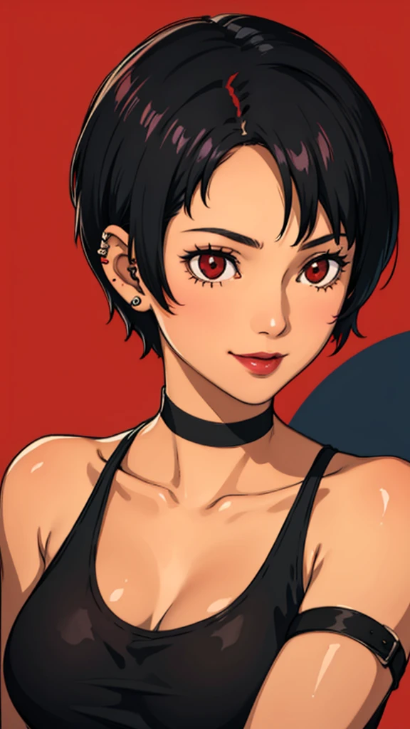 1 girl, milf, Red eyes, very short hair, black choker, lipstick, smile, black hair, tank top, medium breast, portrait, face portrait, wheatskin, tank top, shaved hair, ear piercings 