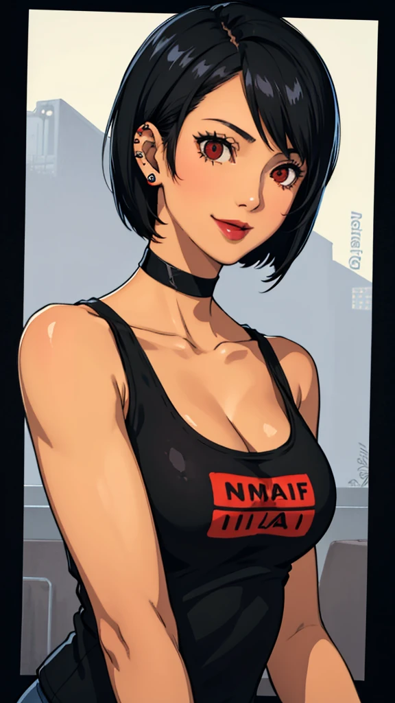 1 girl, milf, Red eyes, very short hair, black choker, lipstick, smile, black hair, tank top, medium breast, portrait, face portrait, wheatskin, tank top, shaved hair, ear piercings 