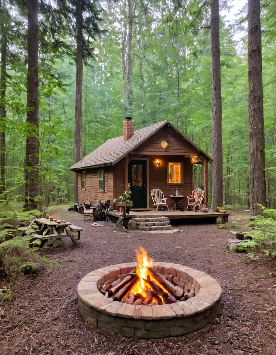 a small cabin with a fire pit in the woods, cottagecore, cottagecore hippie, cottagecore!!, cottage in the woods, cozy place, cottage in the forest, cabin in the woods, house in forest, nestled in a forest, cozy setting, cottage hippie naturalist, a brick cabin in the woods, cozy environment