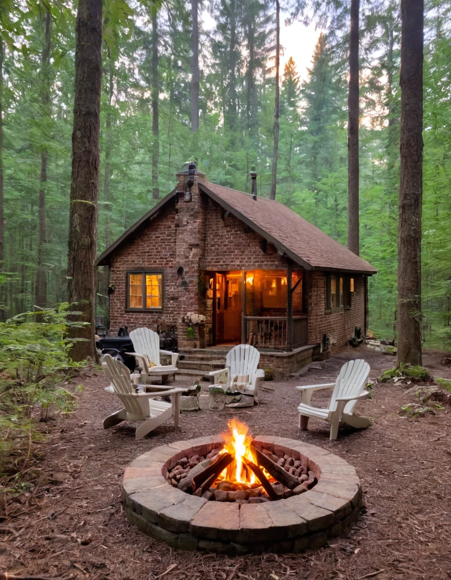 a small cabin with a fire pit in the woods, cottagecore, cottagecore hippie, cottagecore!!, cottage in the woods, cozy place, cottage in the forest, cabin in the woods, house in forest, nestled in a forest, cozy setting, cottage hippie naturalist, a brick cabin in the woods, cozy environment
