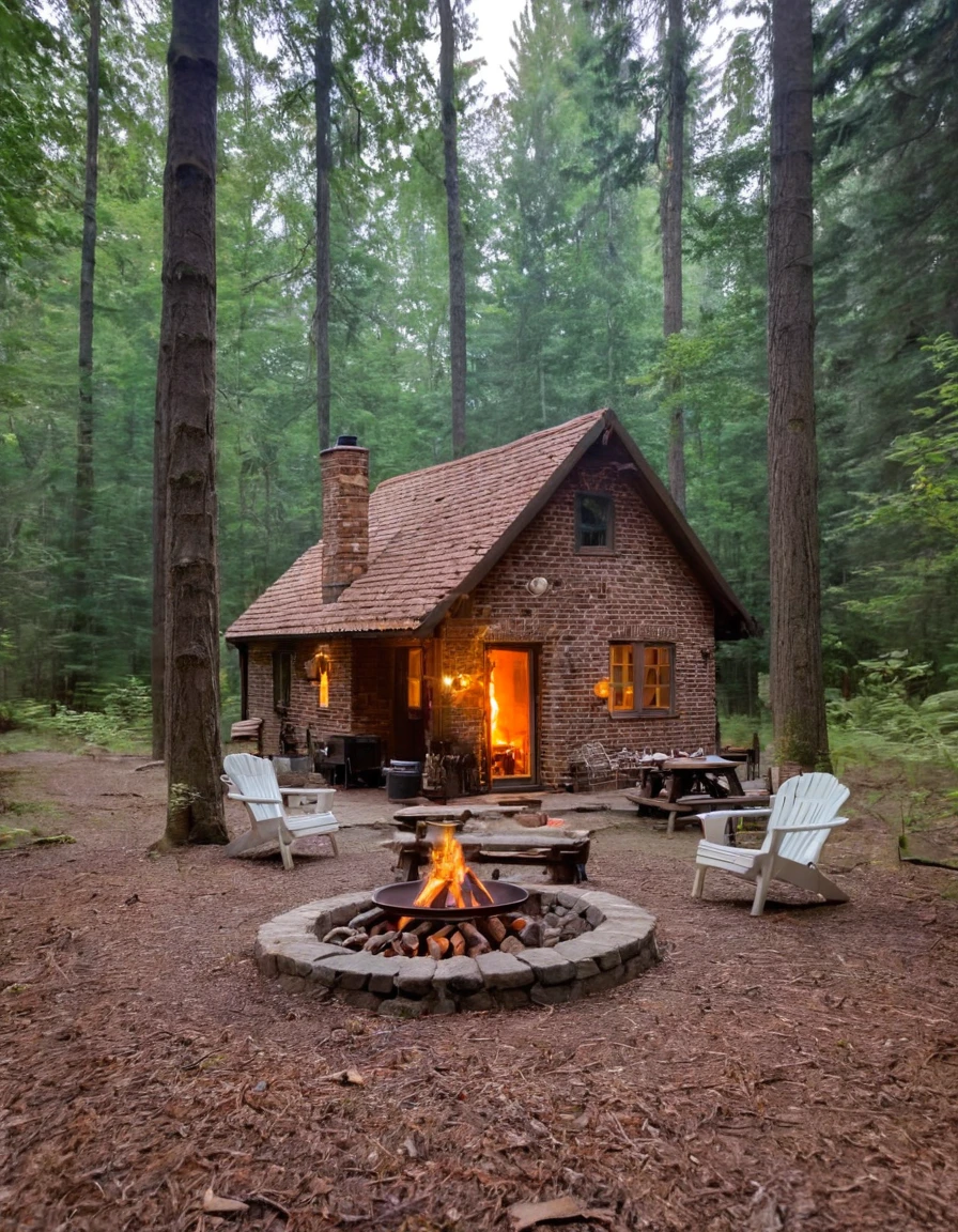 a small cabin with a fire pit in the woods, cottagecore, cottagecore hippie, cottagecore!!, cottage in the woods, cozy place, cottage in the forest, cabin in the woods, house in forest, nestled in a forest, cozy setting, cottage hippie naturalist, a brick cabin in the woods, cozy environment