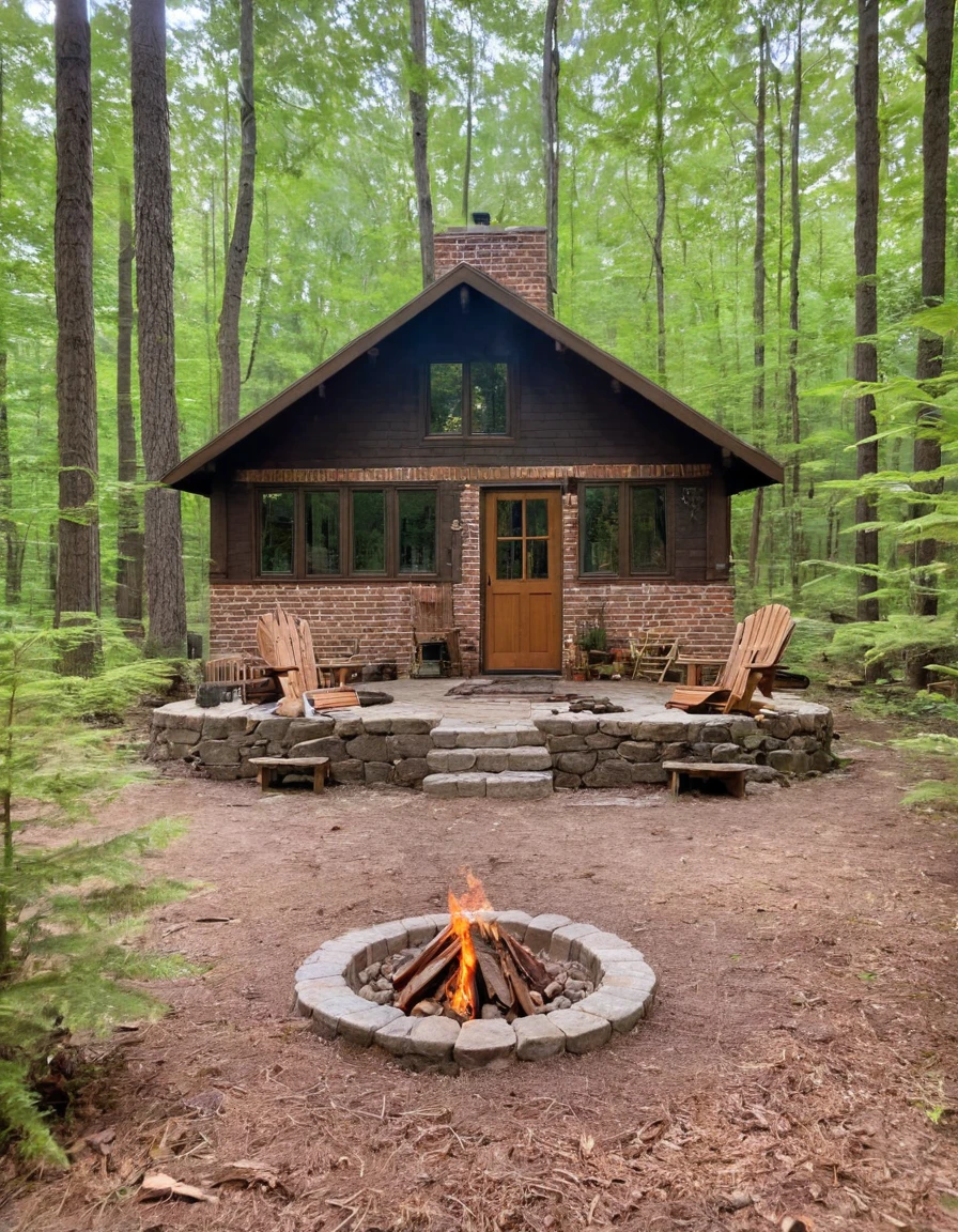 a small cabin with a fire pit in the woods, cottagecore, cottagecore hippie, cottagecore!!, cottage in the woods, cozy place, cottage in the forest, cabin in the woods, house in forest, nestled in a forest, cozy setting, cottage hippie naturalist, a brick cabin in the woods, cozy environment