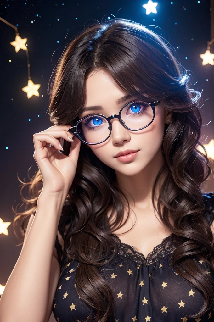 1 ,,curled hair,star eyes with glasses, perfect lighting 
