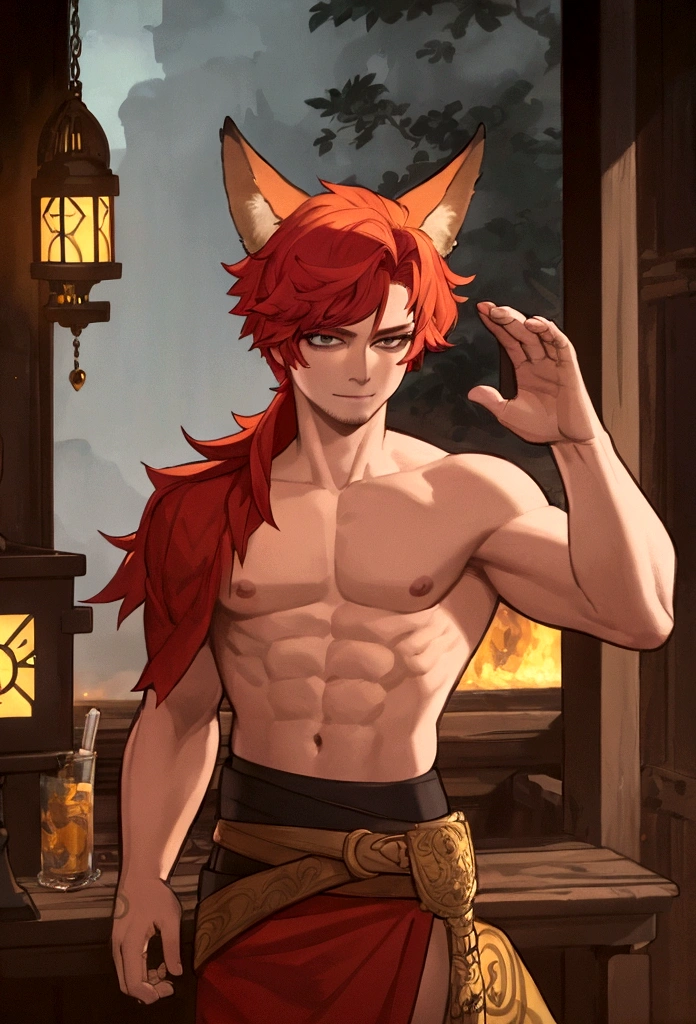 a redheaded man with fox ears, shirtless,fullbody,extremely detailed portrait, photorealistic, high quality, intricate details, 8k, masterpiece, vibrant colors, cinematic lighting, fantasy, digital art