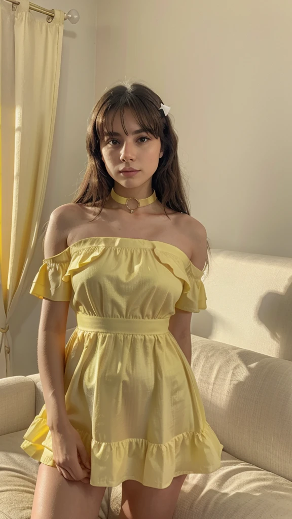 a ucranian 18 years in a yellow dress,metálic collar pet, posing for a picture in a living room with a white couch and a yellow curtain, private press, , a hologram, pink