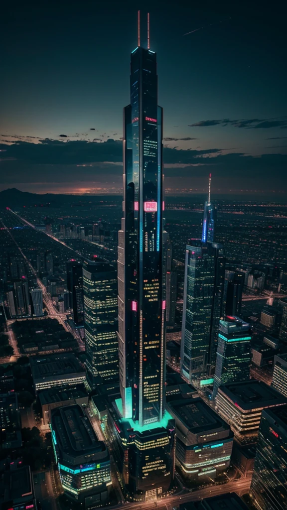 futuristic building, cyberpunk, tallest building, sky view, neon light from building, night time, 8k quality, masterpiece, no one