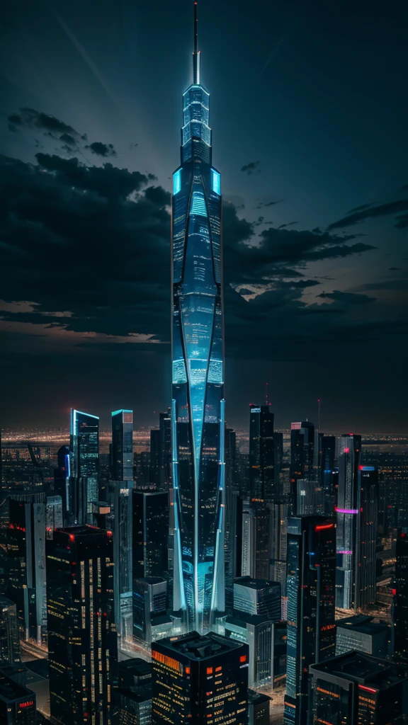 futuristic building, cyberpunk, tallest building, sky view, neon light from building, night time, 8k quality, masterpiece, no one
