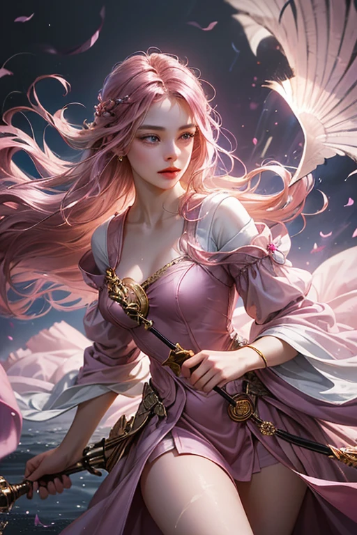 a pregirl,Close your eyes,Hold a double knife,Wearing a samurai uniform,Under the moonlight,silber hair,Medium breast,Beautiful face,Wearing earrings,Pink coated with shredded meat