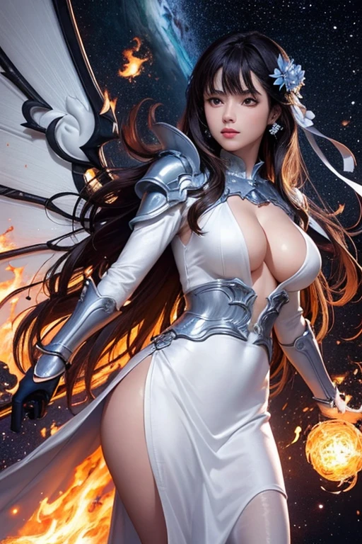 (work of art, best qualityer:1.3), extremely detaild, intricate, 8K, hdr, wall-paper, cinematic lighting, (universe:1.4),handgun, (shooting up), Ablaze, armors, Ablaze eyes, mecha, big wings, deusa kuan yin, white clothing with blue details, branch lotus flower, galaxy, stele