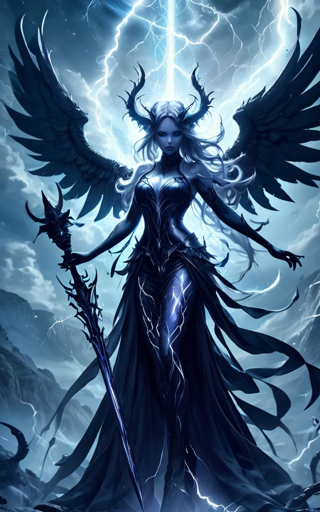 Full body shot, Demoness, busty, ((highest quality)),(ultra high resolution),(Super detailed),(detailed description),((best CG)),(best work of art),super precision art,amazing drawing art,(Fantasy art with intricate detail:1.5), A spear of light that pierces heaven and earth,Lightning emanating from the aurora cuts through the night sky,Angels blowing the trumpets of the end
