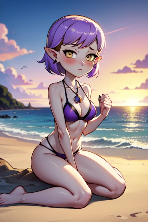 masterpice, best quality), AmityBlight, makeup, black earrings, yellow eyes, short hair, (purple hair:1.4), pointed ears,bikini,amulet, full body,looking at viewers,high quality,blush,teenage girl,tall,sitting,beach background