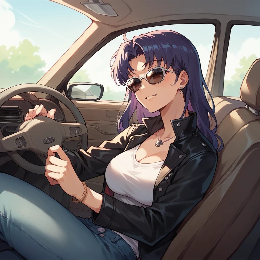 mature woman,misato katsuragi, leather black jacket, sunglasses, jeans, driving a blue square car,
