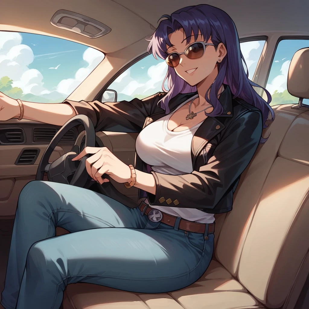 mature woman,misato katsuragi, leather black jacket, sunglasses, jeans, driving a blue square car,