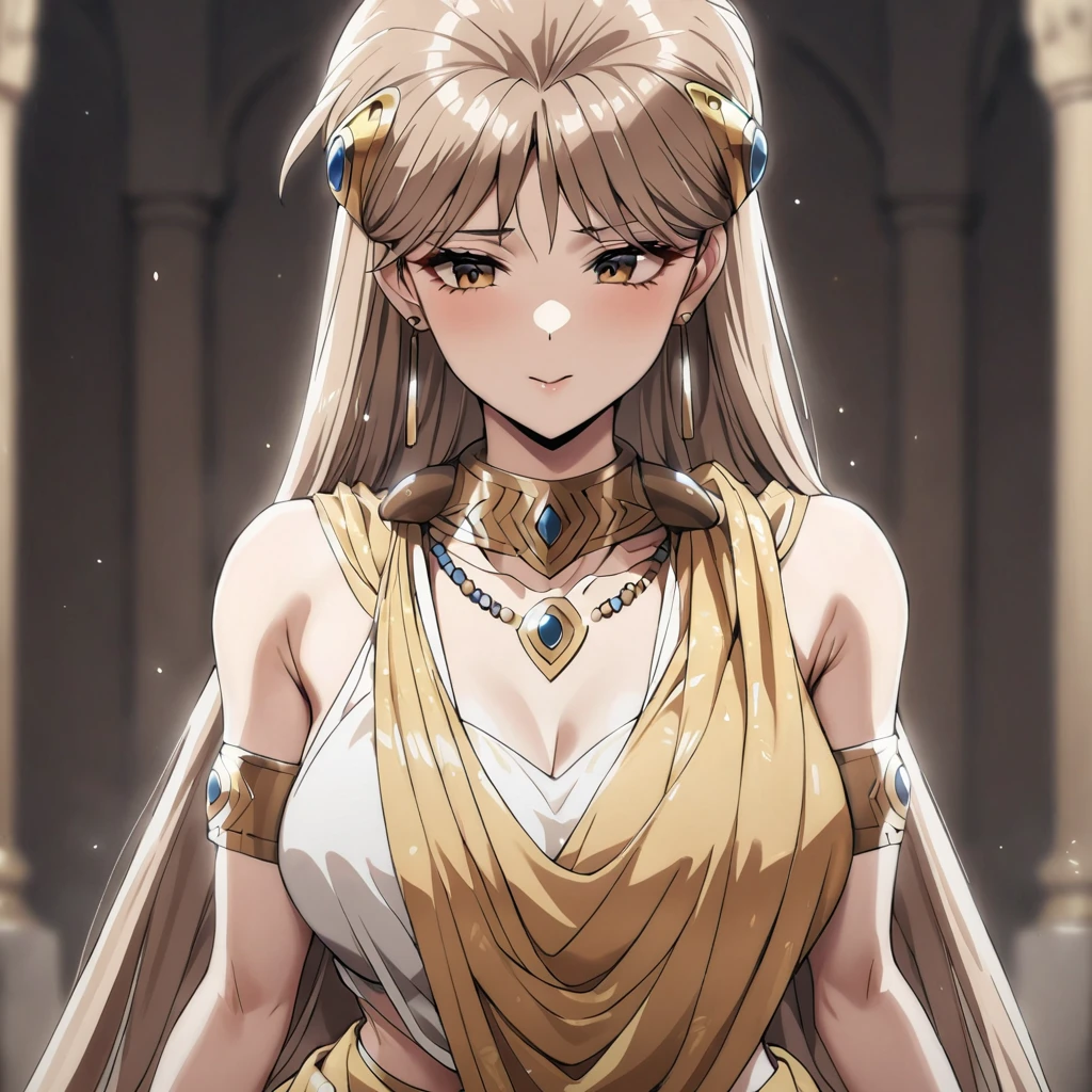 ((Highest quality)), ((masterpiece)), (detailed), （Perfect Face）、The woman is an Indian princess named Leona, with long light brown hair, a tikuli and a gorgeous golden sari, and is dressed in gorgeous Indian traditional clothing.