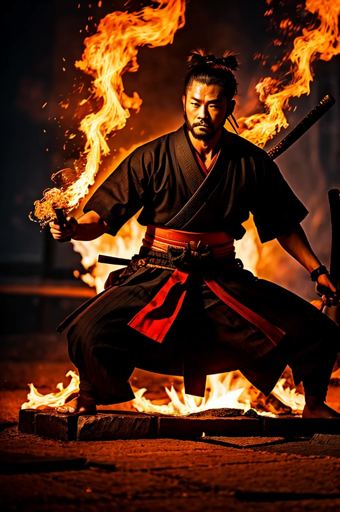 samurai with a vibrant fiery background