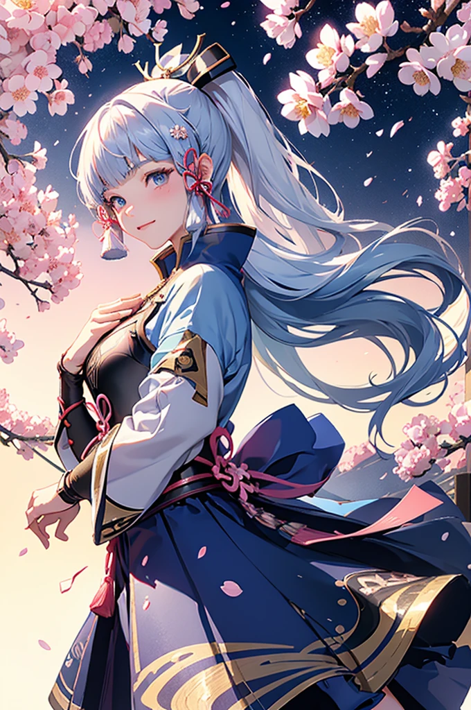 ((kamisatoayakadef)),1 Anime Girl, Warrior, Realistic people,Realistic, beautiful, smile, elegant, Majestic, Splash Art, Particles of light, Diamond Blade, Dynamic pose, ((fan、fanを持っている))((fanを広げる)),milky way, (Fractal Art:1.1),(Ice Flower:1.4), Most detailed,(抽象的なbackground:1.1), (Shiny skin), (Many colors:1.4), Ultra-high resolution,, masterpiece, Accurate, Anatomically correct, texture.(background:Cherry tree、Cherry Blossom、petal、Wind、旋Wind)