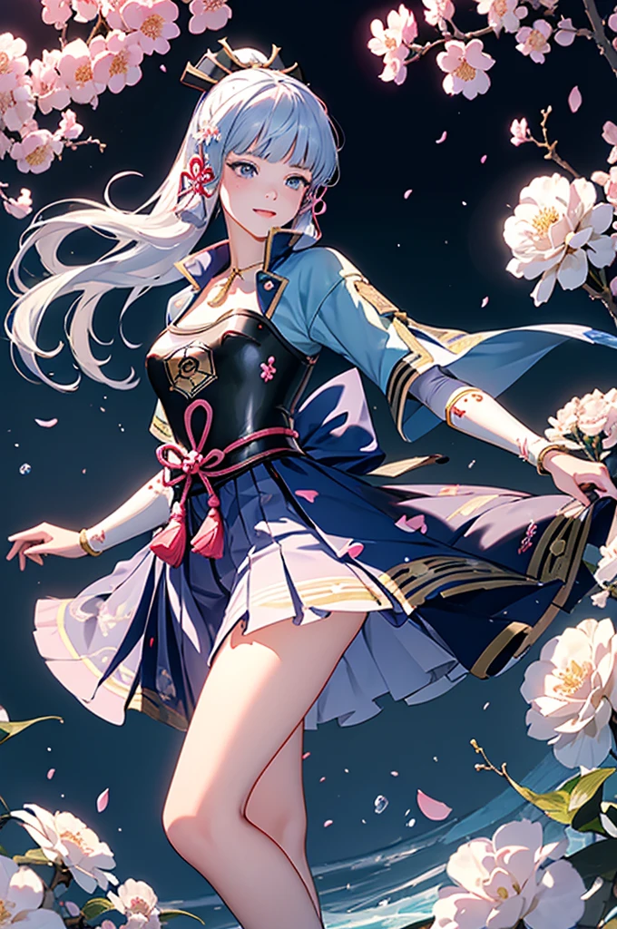 ((kamisatoayakadef)),1 Anime Girl, Warrior, Realistic people,Realistic, beautiful, smile, elegant, Majestic, Splash Art, Particles of light, Diamond Blade, Dynamic pose, ((fan、fanを持っている))((fanを広げる)),milky way, (Fractal Art:1.1),(Ice Flower:1.4), Most detailed,(抽象的なbackground:1.1), (Shiny skin), (Many colors:1.4), Ultra-high resolution,, masterpiece, Accurate, Anatomically correct, texture.(background:Cherry tree、Cherry Blossom、petal、Wind、旋Wind)
