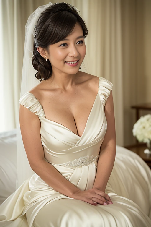 master piece, top-quality, masterpiece, hight resolution, Photorealsitic, Raw photography, 8k wallpaper, flawless, profetional lighting, ighly detailed, depth of fields, ((One beautiful woman)), ((49 years old)), ((Female sexy)), In the hotel bedroom, ((See the viewer's eyes)), Detailed face, beautidful eyes, (Twist your body slightly and sit in a sexy position), updo, large full breasts, (), (cleavage of the breast),Light Brown Straight Hair, Faint lips, (arms between legs), ((Protruding lips)),(((satin ballgown wedding dress))),(veil), tiara, blowing a kiss