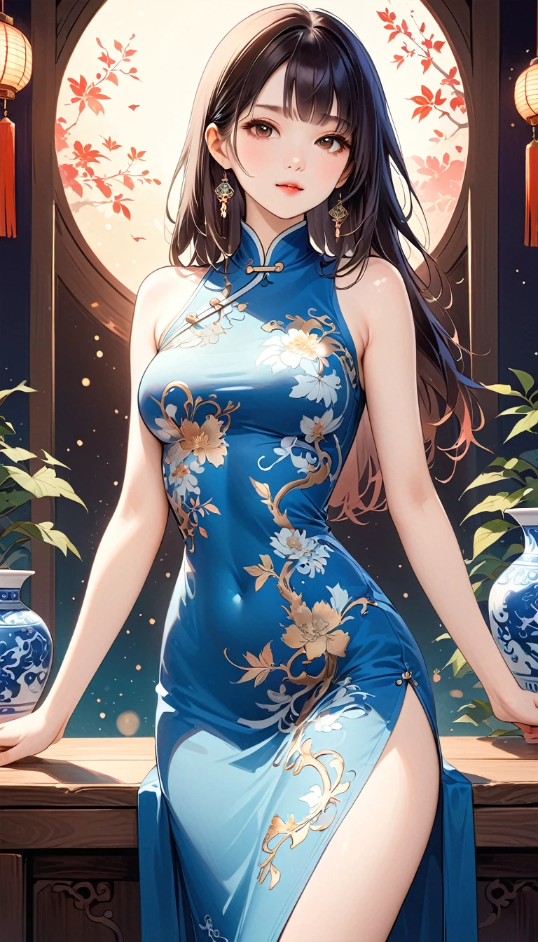 1 girl，On Cheongsam,Anatomically correct, Long hair，Blue and white porcelain，Exquisite pattern，Oriental elements，Ink painting style, Clean colors,White background, Soft lighting, ( Bokeh)，masterpiece, Very detailed, Epic Composition, best quality, 4K，