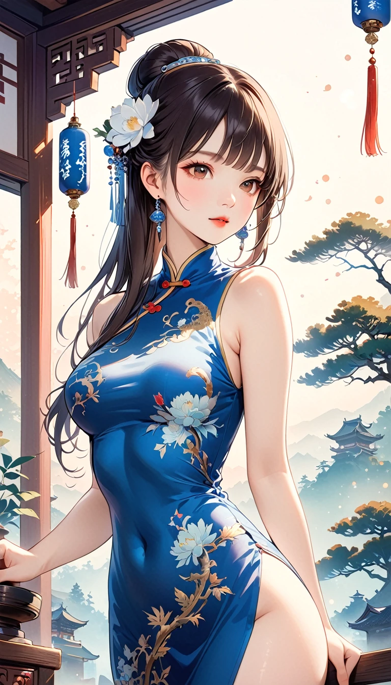 1 girl，On Cheongsam,Anatomically correct, Long hair，Blue and white porcelain，Exquisite pattern，Oriental elements，Ink painting style, Clean colors,White background, Soft lighting, ( Bokeh)，masterpiece, Very detailed, Epic Composition, best quality, 4K，