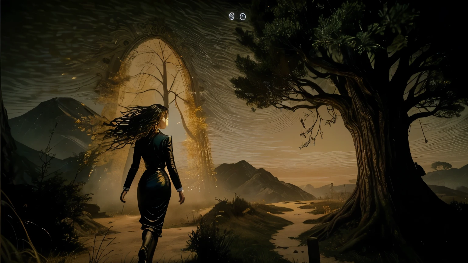 painting of a woman walking away from a tree with a yellow reflection of her soul in the background, videogame screenshot>, woman made of black shadows, point-and-click adventure game, el bosco and e Mumford, e Mumford. virtual rendering, in the style e Mumford artwork, e Mumford and alex grey style, an ethereal image, e Mumford and albert bierstadt lsd 8k