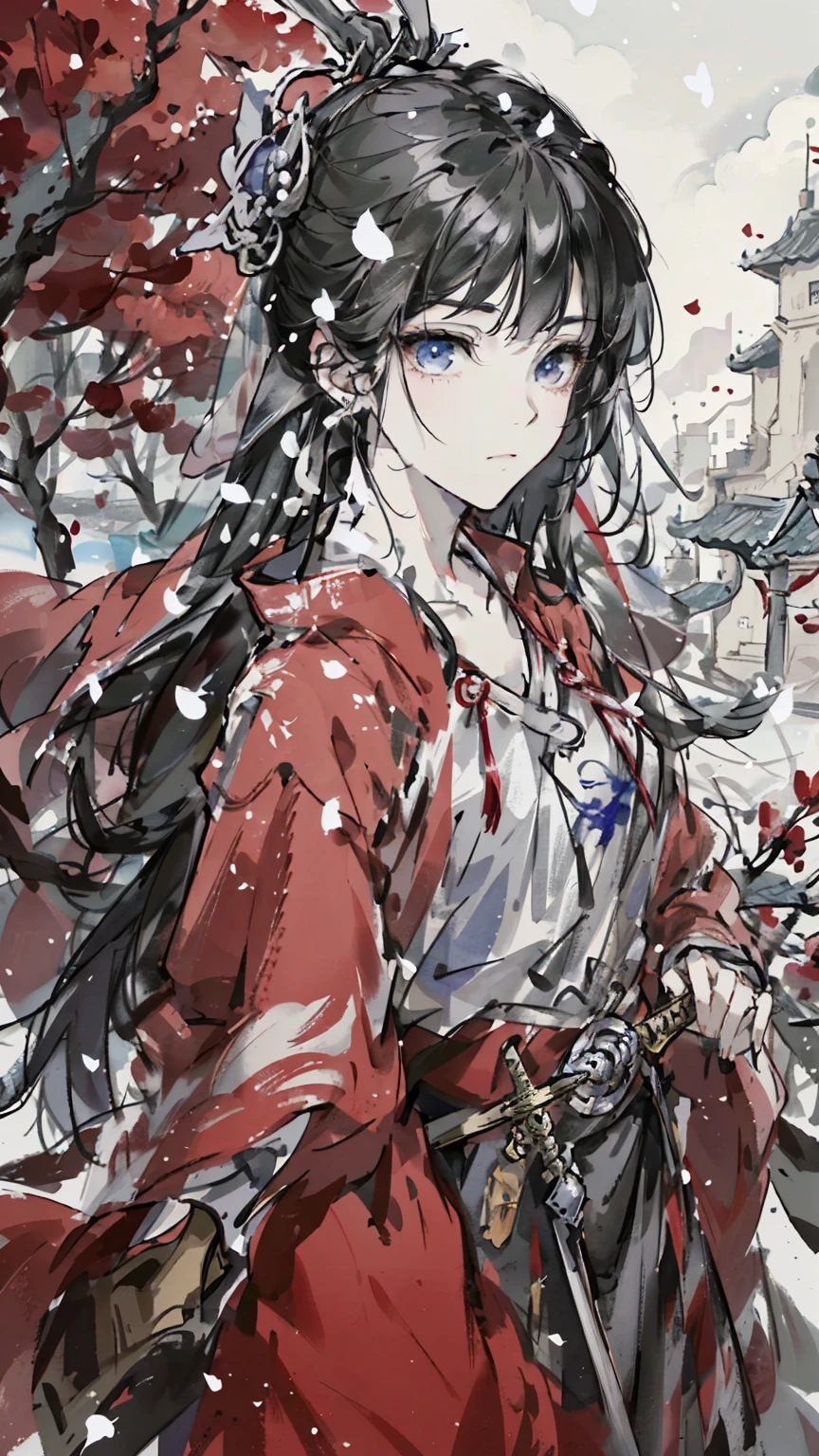 A painting of a woman wearing a veil and a sword, Beautiful character painting, Guviz, Guviz-style artwork, Guweiz in Pixiv ArtStation, Guweiz on ArtStation Pixiv, a beautiful anime portrait, Beautiful anime woman, guweiz masterpiece, style of anime4 K, Palace , A girl in Hanfu,Sword in hand
