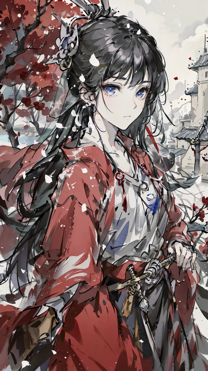 A painting of a woman wearing a veil and a sword, Beautiful character painting, Guviz, Guviz-style artwork, Guweiz in Pixiv ArtStation, Guweiz on ArtStation Pixiv, a beautiful anime portrait, Beautiful anime woman, guweiz masterpiece, style of anime4 K, Palace , A girl in Hanfu,Sword in hand