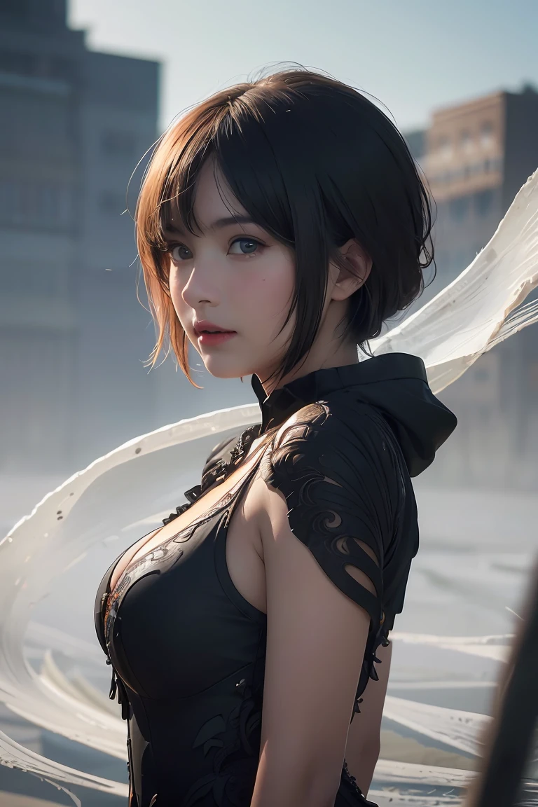 ((masterpiece, best quality)), ultra detailed 8k, photorealistic, sharp focus, highly detailed, professional lighting , shadowmancer, photo of a woman, ink particle, ((swirling black ink floating around)), futuristic fantasy, futuristic black dress, dynamic pose, realistic, masterpiece, intricate details, detailed background, depth of field, 