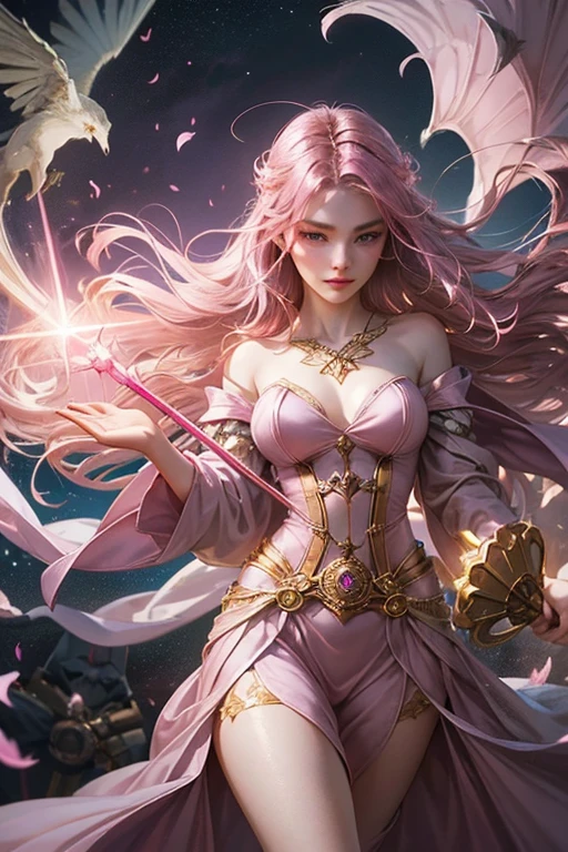 "Create an ultra-realistic image of a stunning 18-year-old girl holding an air magical staff that exudes the energy of the wind and sky. She should be dressed in a sophisticated, ((((((dark pink)))))) shaded outfit that contrasts beautifully with her airy element. Depict her surrounded by elements of air, such as swirling breezes, floating feathers, and gentle currents, to highlight her command over this element. Include a distinct air symbol on her body, signifying her role as the keeper of air and illustrating the powerful, ethereal energy of air she holds within her."