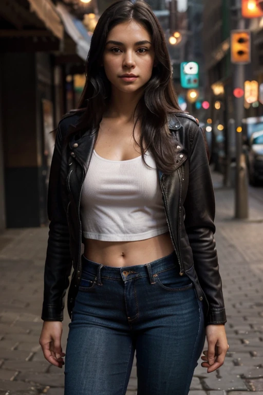 (sfw), ((Artwork photograph))):2.5,(((portrait))):1.5,(((full body))):3, (Dutch angle):2.5 linear art,fine details,colors flat,depth,warm colors, Artwork, highest quality, 4K, 8K, 16K, ultra high resolution, hdr raw photo, sharp focus, hyperrealistic, realistic texture, intricate face, intricate eyes, skin imperfections , high contrast, subterranean scattering, f2, depth of field, film grain, detailed face, detailed skin, detailed eyes, ((best quality)), ((Art)), Full body photo, (detailed) 1 beautiful, teenage woman, Long black hair, brown eyes, large body, white skin, ((Leather jacket and jeans)) 1.58 tall and 18 years old
