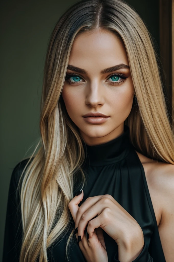 Beautiful woman, straight blonde hair, light green eyes, long eyelashes, long black nails, wears a black jumpsuit, perfect model body and perfect lips in dark tones