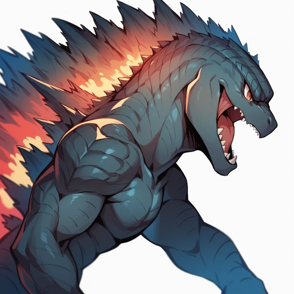cute Godzilla roaring, vibrant colors, side view, flat color cartoon illustration, simple design, isolated on a white background,