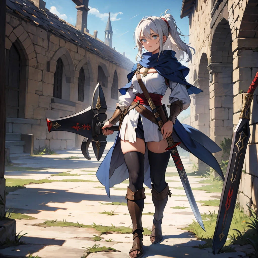 Tactical knight, light armor, tactical equipment, tactical straps, leather equipment, tactical accessories, knight accessories, 1girl, medieval background, tactical armored boots, knife sheath equipment, light protection, inside the castle