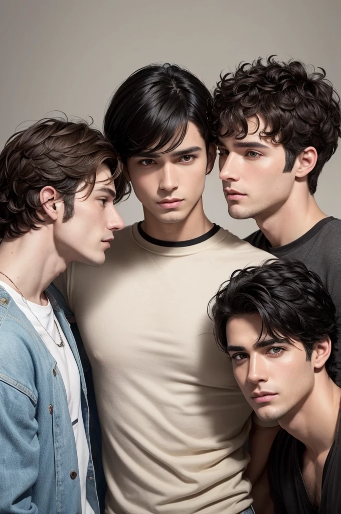 make three friends, a white man with spiky black hair, in the middle a white man with medium brown hair parted in the middle and a brunette with short curly hair