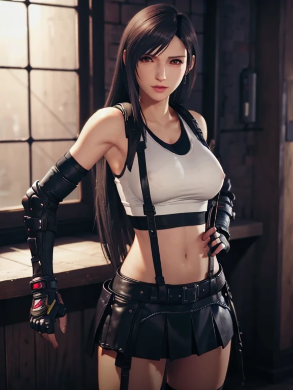 tifa lockhart,final fantasy vii,3d,black hair,breasts,earrings,exhibitionism,femalegauntlets,gloves,jewelry,long hair,looking at viewer,nipples,no panties,pussy,red eyes,solo, 4k, highly detailed