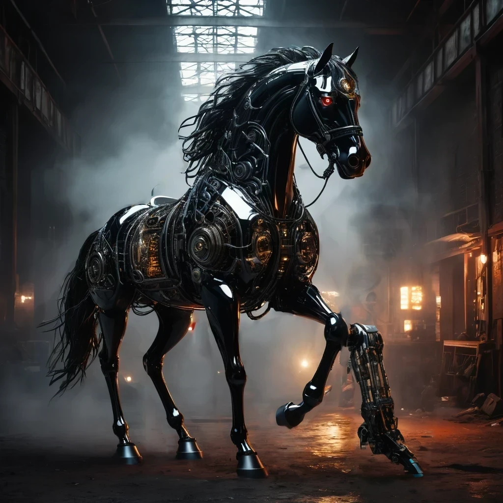 a cyborg man, featuring a black, metallic body constructed with advanced technology. His form is integrated with intricate wires, cables, screws, and visible gears, all seamlessly connected. His powerful frame exudes strength, showcasing components that use nuclear energy, emitting a faint, controlled glow