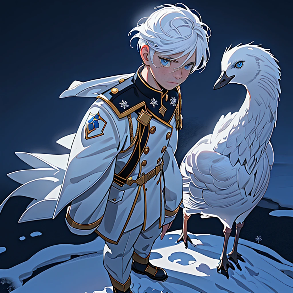 snow,snowflake,Snow Scene,Sunlight,alone,boy with short white hair,The clothes are mainly light blue with a little goose yellow,uniform,red badge,jewel-like blue eyes,White eyelashes,Thinking expression,Standing at attention and thinking