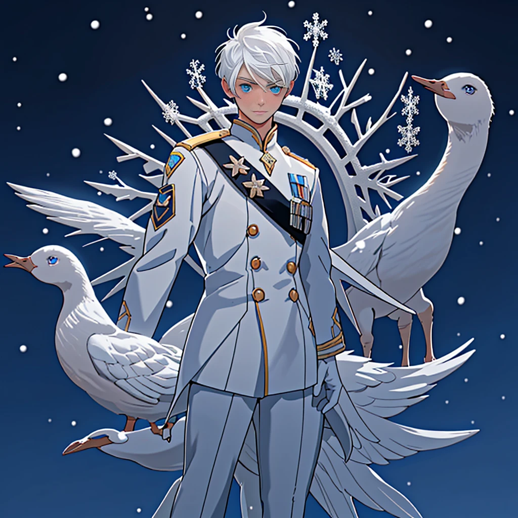 snow,snowflake,Snow Scene,Sunlight,alone,boy with short white hair,The clothes are mainly light blue with a little goose yellow,uniform,red badge,jewel-like blue eyes,White eyelashes,Thinking expression,Standing at attention and thinking