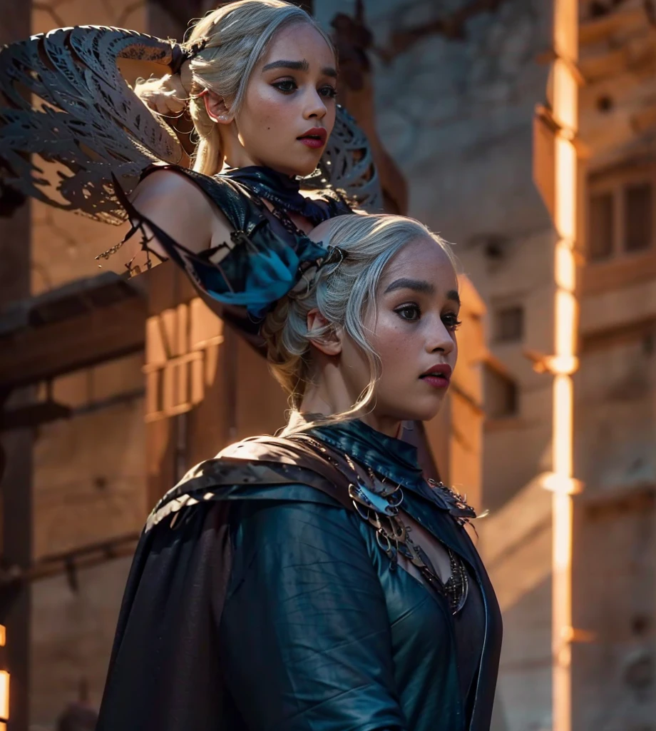 Generate an image of a sexy and serious Daenerys Targaryen with a spectacular body in a scenario that mixes future and medieval aesthetics, com um castelo high tech ao fundo, noite, arte hiperrealista em 4k, noite, lua cheia gigante e aurora boreal, a dragon in the background breathing fire, Daenerys with serious expression
