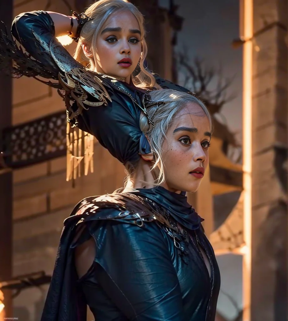 Generate an image of a sexy and serious Daenerys Targaryen with a spectacular body in a scenario that mixes future and medieval aesthetics, com um castelo high tech ao fundo, noite, arte hiperrealista em 4k, noite, lua cheia gigante e aurora boreal, a dragon in the background breathing fire, Daenerys with serious expression
