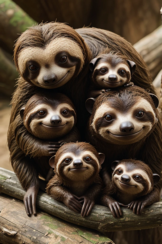 A family of 3 Dasyprocta and a sloth