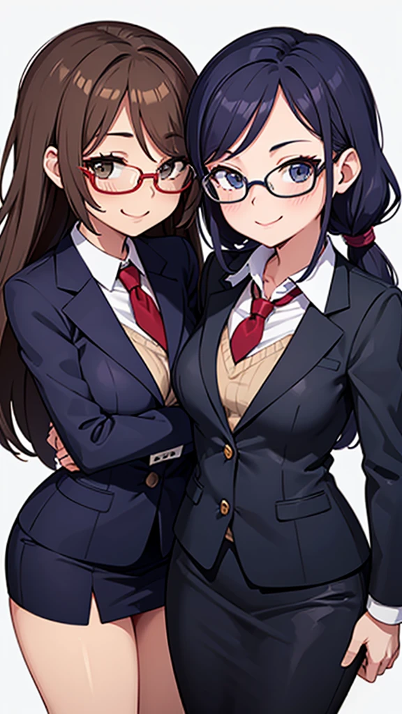 (masterpiece, best quality, very aesthetic, ultra detailed), 1 girl,intricate details,short brown / brunette haired, blue eyes, red frame glasses, kif uni blue uniform, 1guy, shaggy light brownish hair, purple eyes, headphones around neck, soft features, Blue university uniform, chocking girl softly from behind
