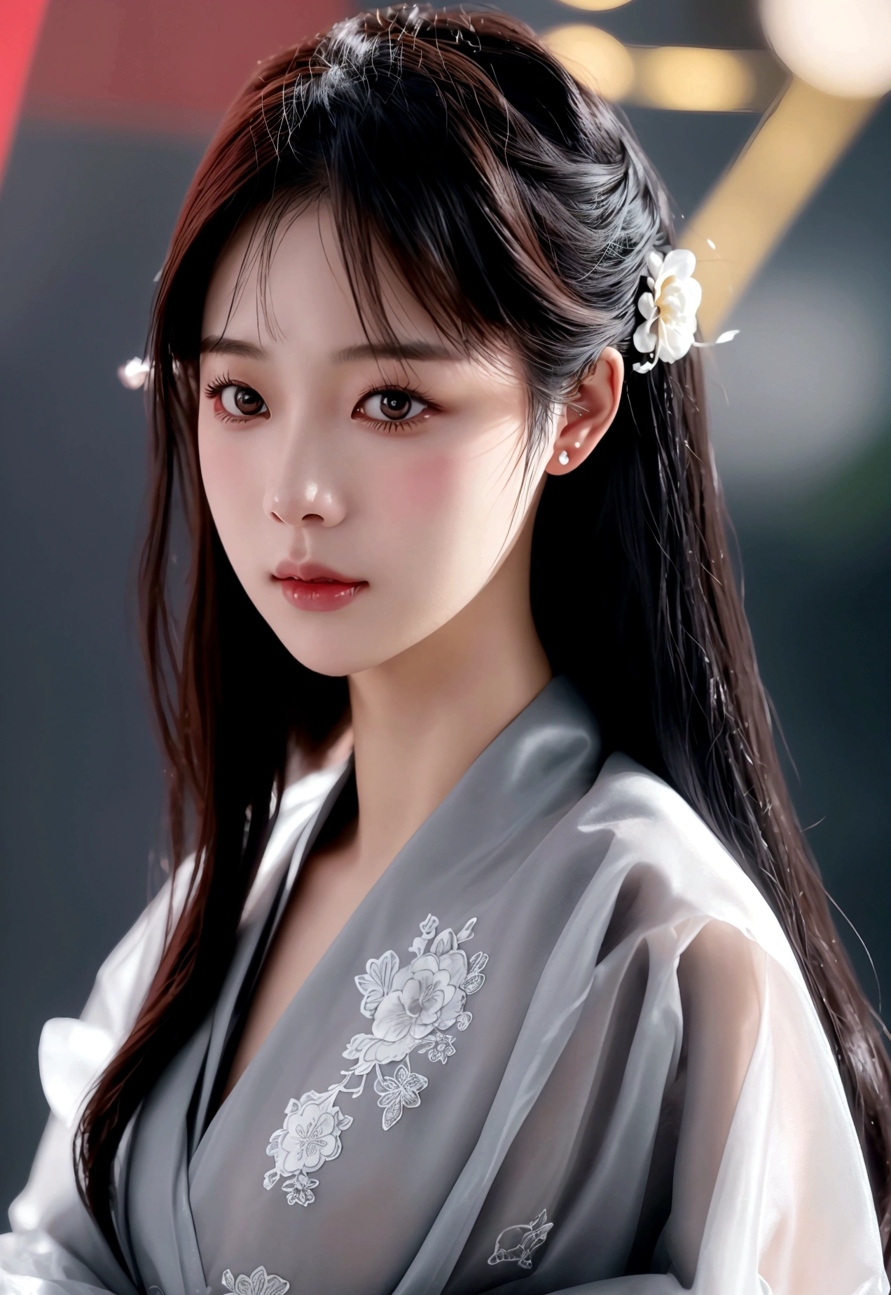 Realistic portrait, Official Art, Unity 8k wallpaper, super detailed, beautiful, beautiful Asian girl, focused on detailed face, has a little to no darkspots, wearing black clothing, facing camera and looking at camera, 3/4 angle, masterpiece, best quality, dark, atmospheric, mystical, romantic, creepy, literature, art, fashion, show era, decoration, intricacies, fur products, lace, contemplation, emotional depth, supernatural, kimono 1girl, solo, neck, bust composition, Realistic, bokeh, lens_flare,Natural light,portrait,Grey Film filter,(KODAK Ektar 100:1.2)